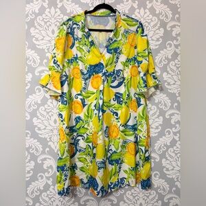 SHEIN Floral Lemon Print Ruffle Sleeve V-neck Dress